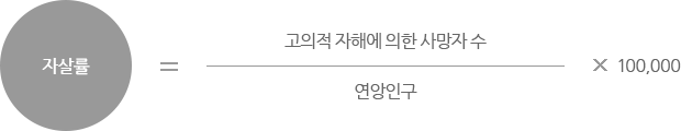 자살률 = 고의적 자해에 의한 자살사망자 수 / 연앙인구 x 100,000